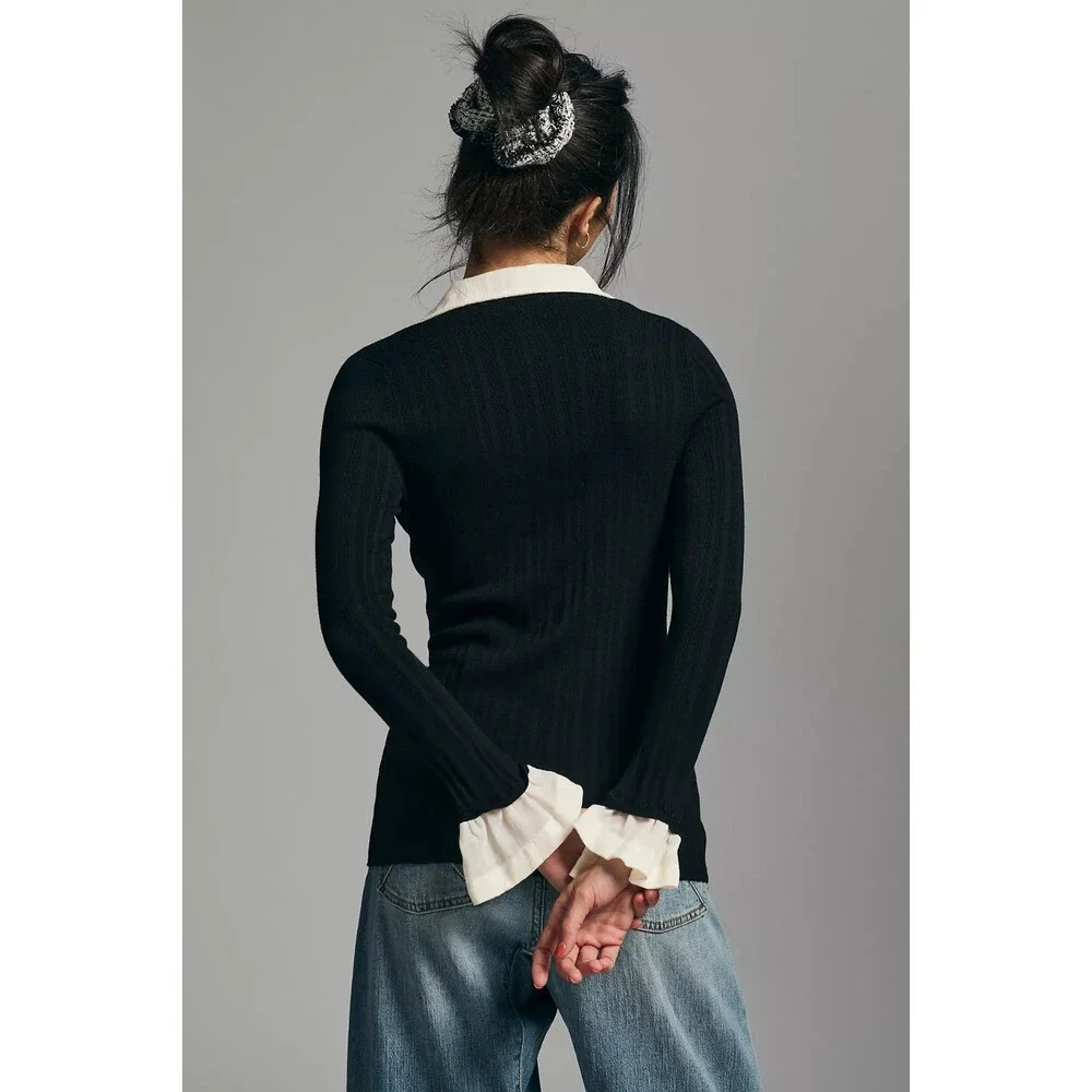 ANTHROPOLOGIE Ruffle Front Cardigan Size S Black Cream Whimsigoth Victorian